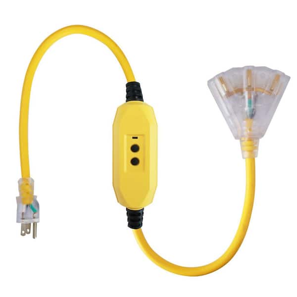 3 ft. 12/3 Gauge 3-Conductor SJTW Heavy Duty Outdoor Braided Extension Cord with Tri-tap Lighted End Yellow