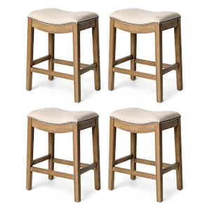 25.7 in. in Natural/Cream Wood Frame Bar Stool with Fabric Seat and Nailhead Trim (Set of 4)