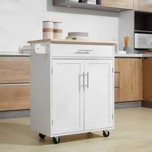 White Rolling Kitchen Island Cart with Drawer, Interior Cabinet and Towel Rack