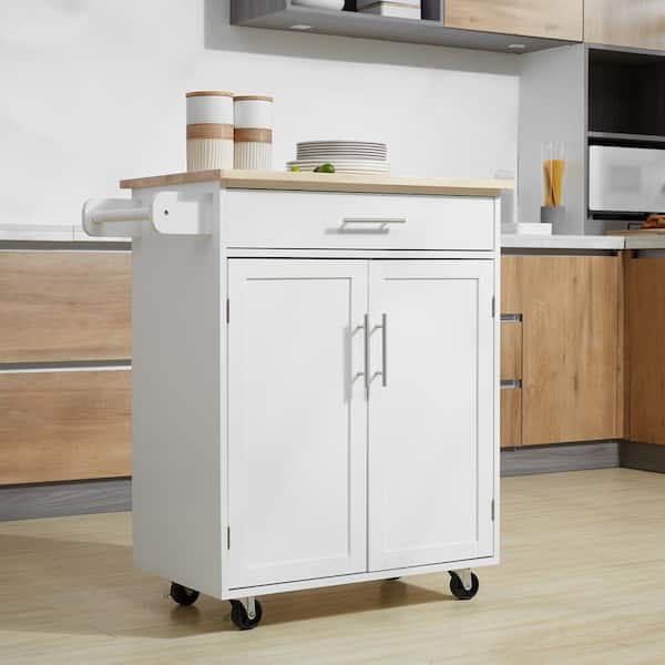 HOMCOM White Rolling Kitchen Island Cart with Drawer, Interior Cabinet and Towel Rack