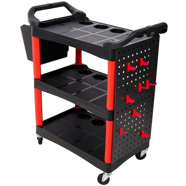 Plastic 3 Tier Rolling Red&Black Auto Detail Cart Serving Cart with Bucket & Panel & Hook