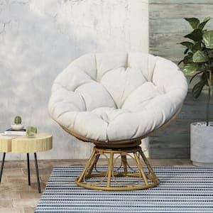 Raylea Swivel Faux Rattan Outdoor Patio Papasan Lounge Chair with Beige Cushion