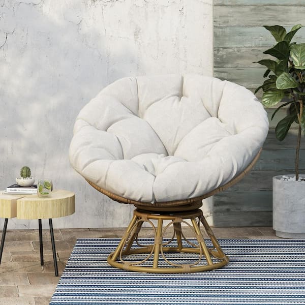 Noble House Raylea Swivel Faux Rattan Outdoor Patio Papasan Lounge Chair with Beige Cushion