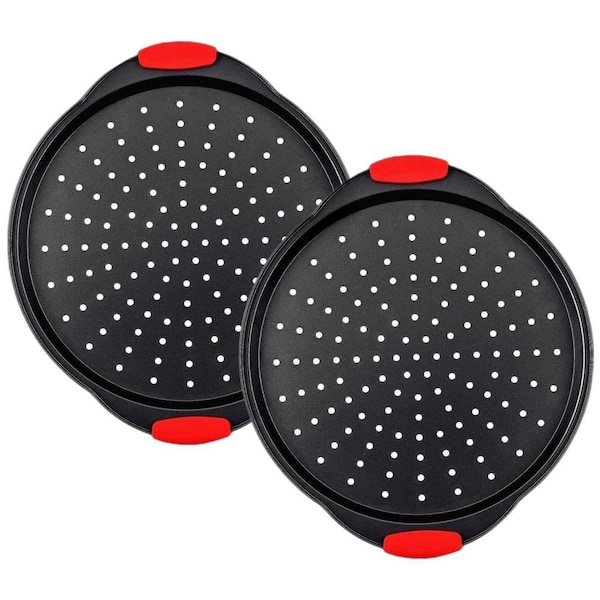 2 Pack Black Carbon Steel 13 in. Round Non-Stick Pizza Pan with Holes Silicone Handles for Oven, Cooking Baking Grilling