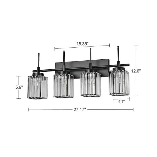 Orillia 27.17 in. 4-Light Modern Industrial Black Bathroom Vanity Light with Crystal Square Shades