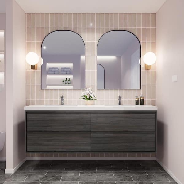 Moreno Bath Sage 72 in. W Vanity in Gray Oak with Reinforced Acrylic Vanity Top in White with White Basins