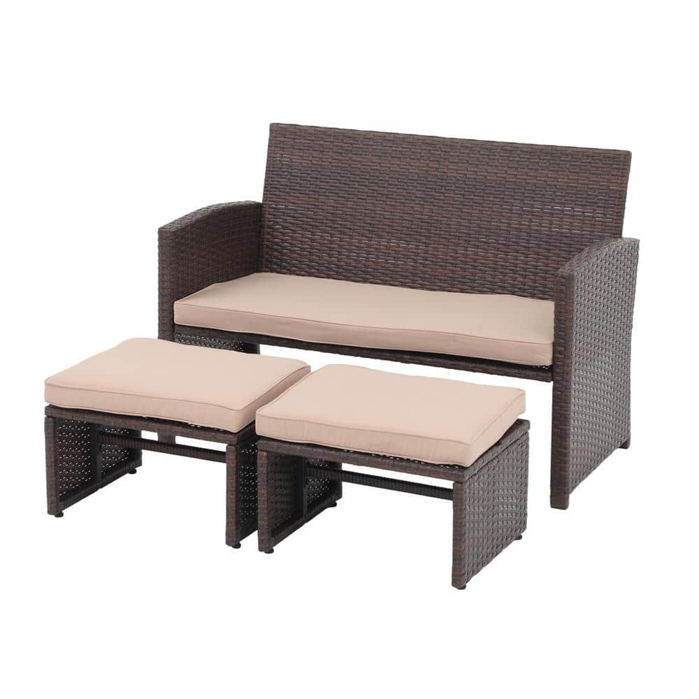 3-Piece Wicker Outdoor Furniture Set with Beige Cushions