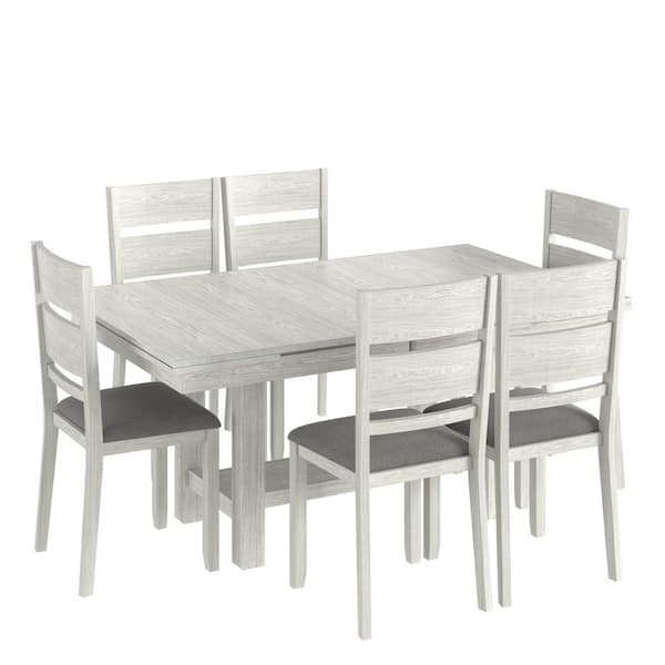 7-Piece Expandable Dining Table Set with 6 Upholstered Chairs, Gray Wood Farmhouse Style Dining Room Furniture Set for 6
