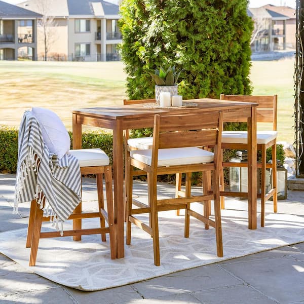 Walker Edison Furniture Company Brown 5-Piece Acacia Wood Rectangle Counter Height Outdoor Dining Set with White Cushions