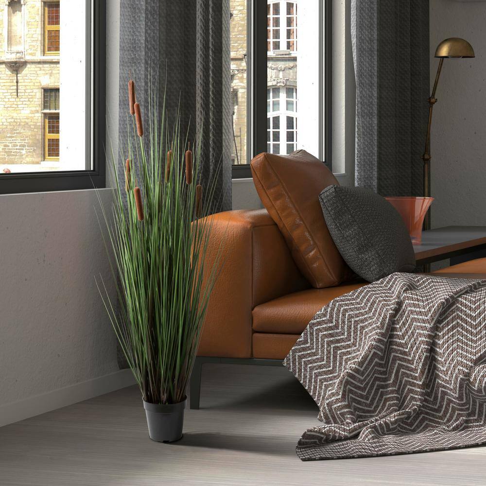 Lifelike 48" Green Grass and Cattails Potted Arrangement in Black Planter