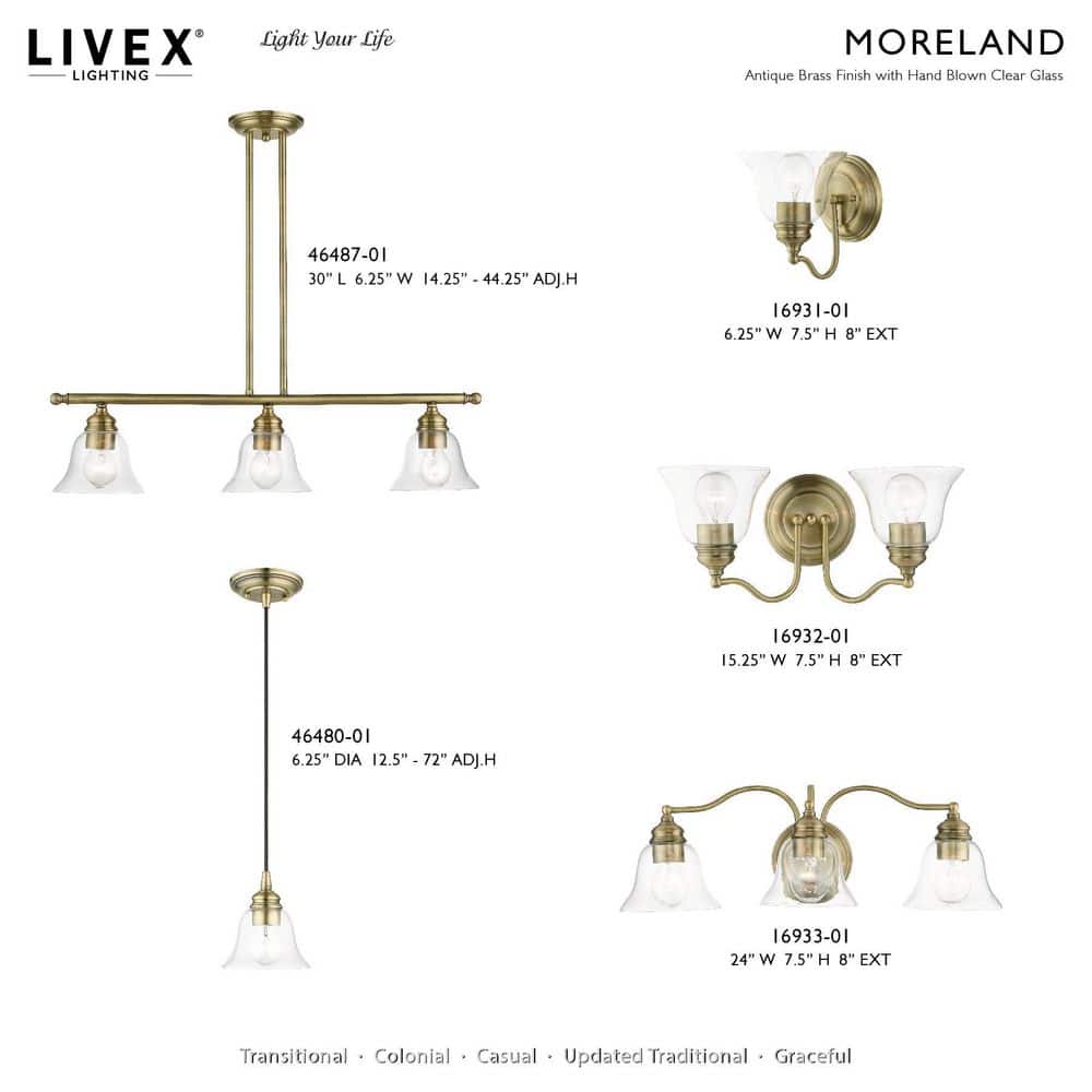 Transitional Hand-Blown Clear Glass Pendant in Antique Brass