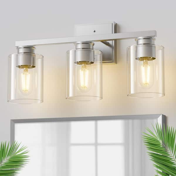 18 in. 3-Light Brushed Nickel Vanity Light with Cylinder Clear Glass Shades for Vanity, Powder Room or Dressing Room