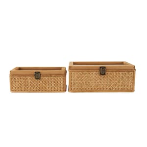 Square Rattan Handmade Woven Rattan Box with Glass Tops and Bronze Latches (Set of 2)