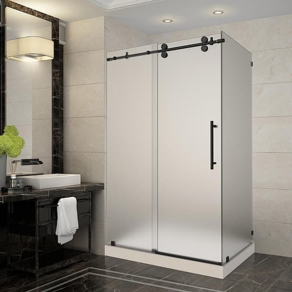 Aston Langham 48 in. x 35 in. x 77.5 in. Frameless Sliding Shower Enclosure and Frosted in Oil Rubbed Bronze with Left Base