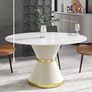 53.15 in. White Sintered Stone Round Top Pedestal White Metal Base Dining Table (Seats 6)