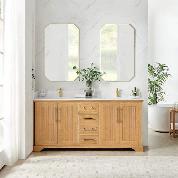 Tokyo 72 in. W. x 22 in. D x 44 in. H Double Bath Vanity in Oak Natural Brown with Silk White Quartz Stone Top
