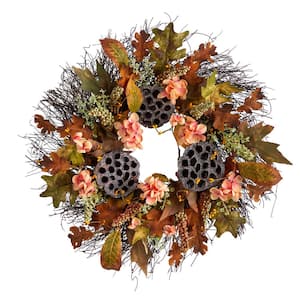 22 in. Orange Autumn Hydrangea, Dried Lotus Pod Artificial Fall Wreath