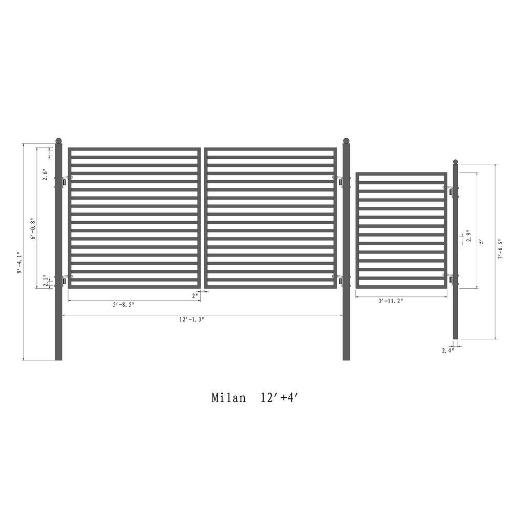 Milan Style Black Steel Dual Swing Driveway Gate with Pedestrian Gate