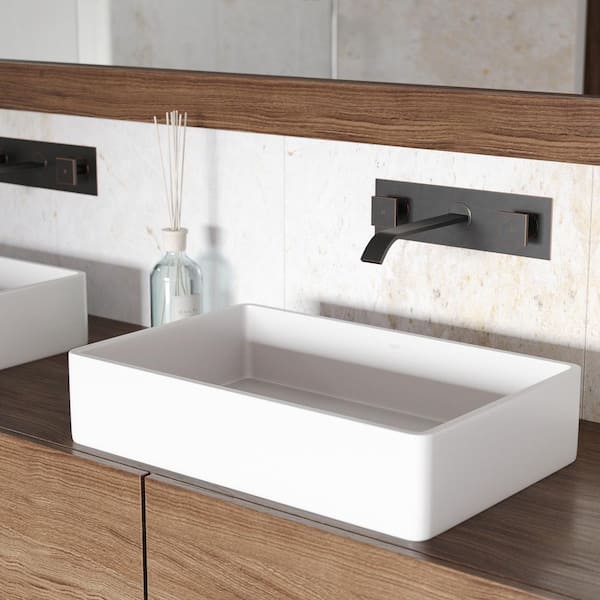 VIGO Magnolia Modern White Matte Stone 21 in. L x 14 in. W x 5 in. H Rectangular Vessel Bathroom Sink