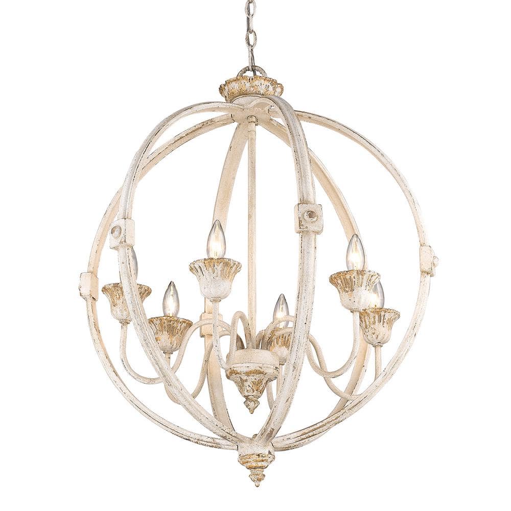 Antique Ivory 6-Light Candelabra Chandelier with Rusty Gold Patina