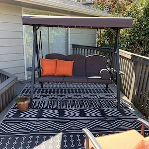 3-Person Grey Outdoor All-Weather Steel Frame Porch Swing with Adjustable Tilt Canopy, Cushions and Pillow Included