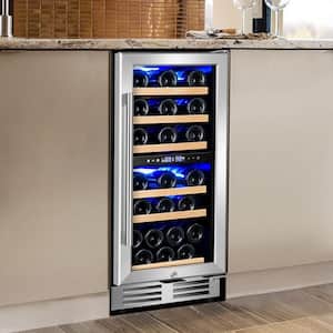 15 in. Built-in Dual Zone 30-Bottle Wine Cooler w/ 6 Removable Beechwood Shelves and Blue LED Lighting in Silver