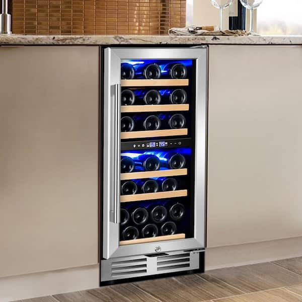 15 in. Built-in Dual Zone 30-Bottle Wine Cooler w/ 6 Removable Beechwood Shelves and Blue LED Lighting in Silver