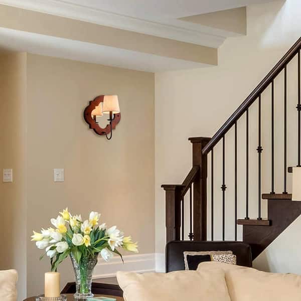 13.8 in. Antique Wooden 1-Light Wall Sconce Farmhouse Bathroom Vanity Light with Beige Linen Shade