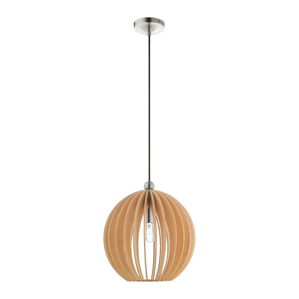 Mini Globe Brushed Nickel Pendant with Round Wood Shade