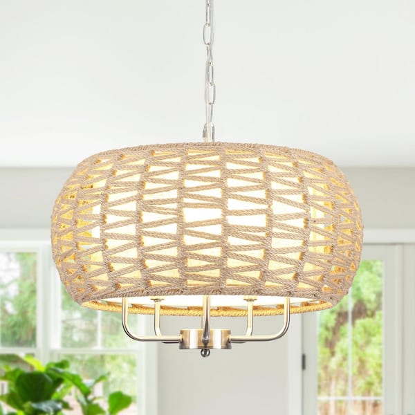 ADSENSTY 18.98 in. 5-Light Rattan Sand Nickel and Brown Bohemin Chandelier for Foyer Dining Room with Cloth Shade