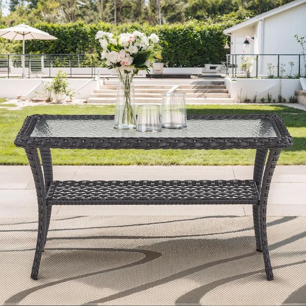 PlainCurve Black Rectangular Wicker Outdoor Coffee Table with Tempered Glass Top and Lower Wicker Storage Shelf