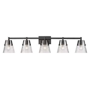 Analia 45.75 in. 5 Light Matte Black Vanity Light with Clear Ribbed Glass Shade with No Bulbs Included