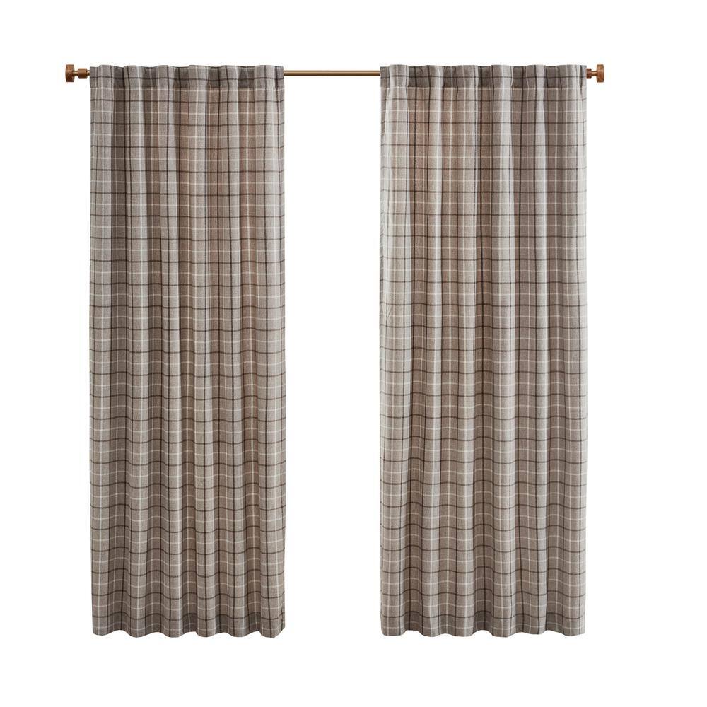 Greige Plaid Light-Filtering Polyester Drapes with Fleece Lining
