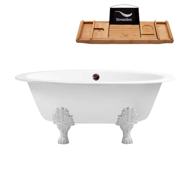 Streamline 65 in. Cast Iron Clawfoot Non-Whirlpool Bathtub in Glossy White, Matte Oil Rubbed Bronze Drain, Glossy White Clawfeet
