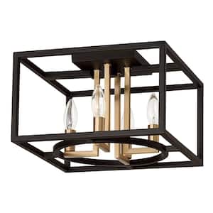 Mundazo 12.99 in. W x 8.46 in. H 4-Light Matte Black/Brushed Gold Semi-Flush Mount with Square Open Metal Frame