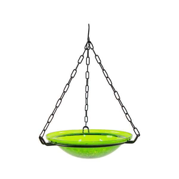 Crackle Glass Hanging Birdbath Bowl, 12.5 in. Tall, Fern Green