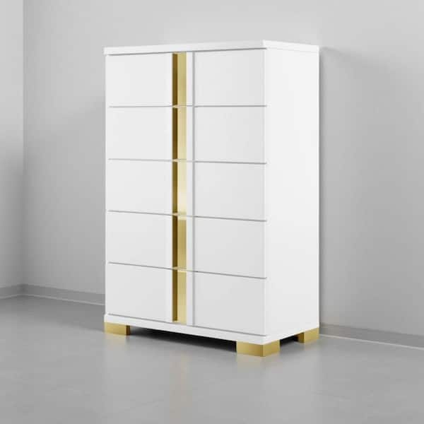 Benjara Yoki White and Gold 5-Drawer 16.5 in. Wide Chest of