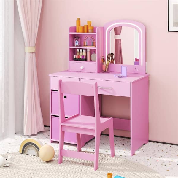 2-Piece Wood Top Pink Kids Vanity Set Princess Dressing Table and Chair with Mirror 2-Color LED Lights