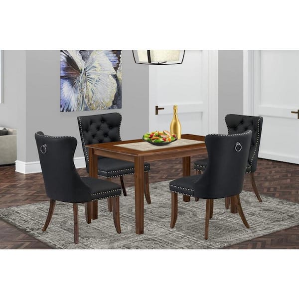 East West Furniture 5-Piece Antique Walnut Finish Solid Wood Top - Rectangular Upholstered Dining Room Set - Seats 4