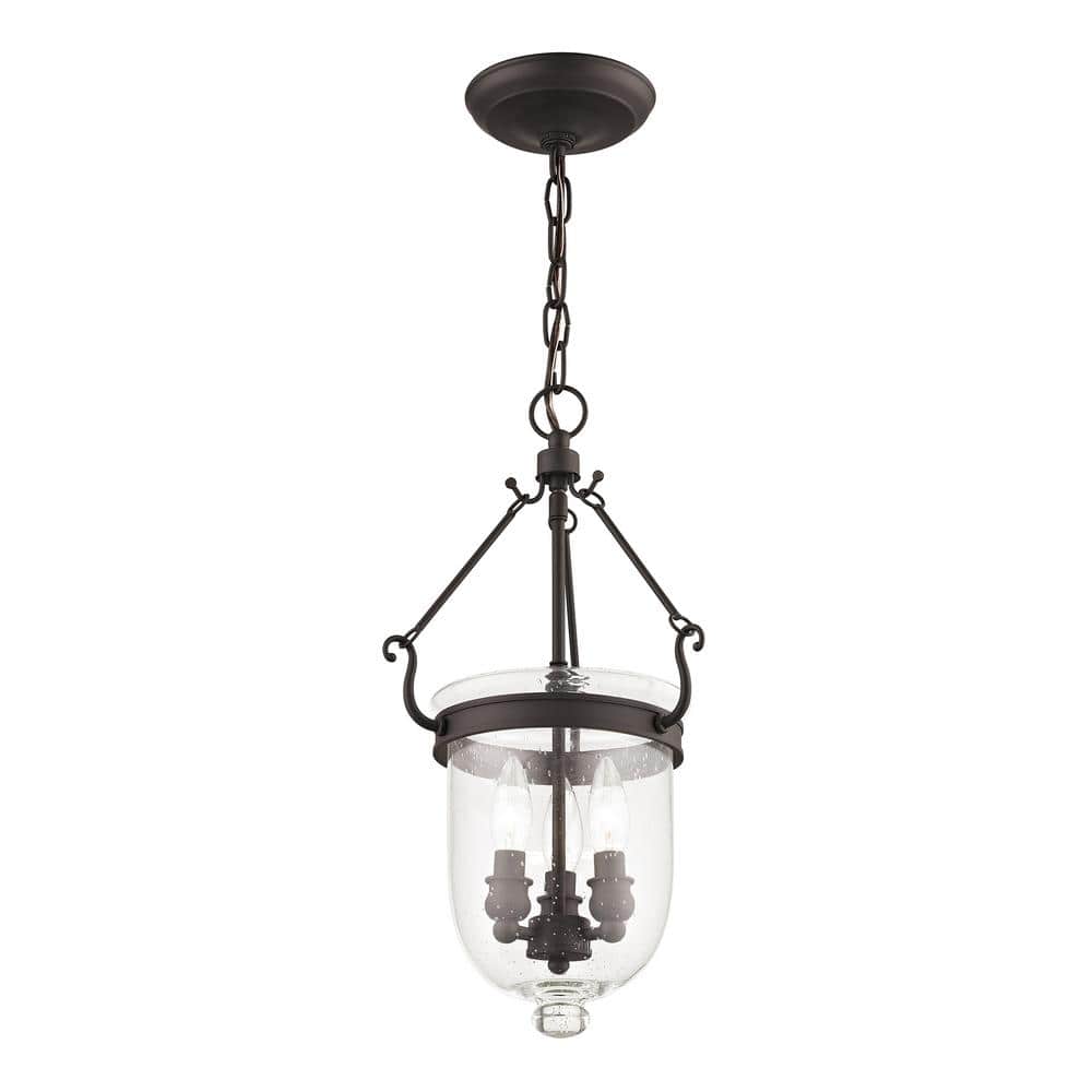 Bronze Seeded Glass 3-Light Indoor/Outdoor Bell Jar Lantern