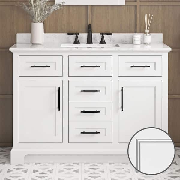 Doveton 48 in. Single Sink Freestanding White Bath Vanity with White Engineered Marble Top (Assembled)