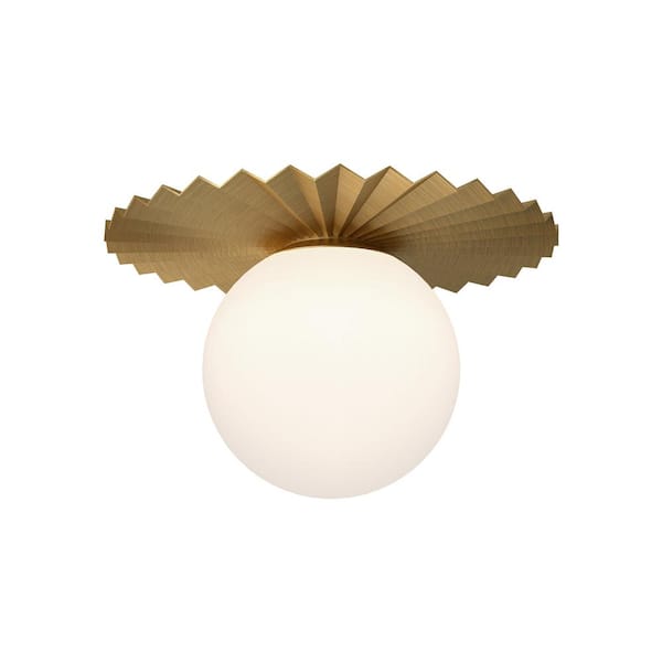 Plume 14 in. 1 Light 60-Watt Brushed Gold/Opal Matte Glass Flush Mount
