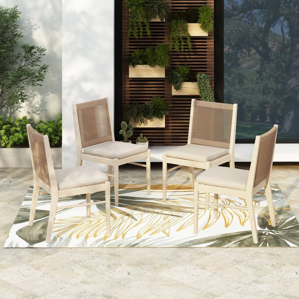Outdoor Patio Bleach Acacia Wood Dining Chairs (Set of 4), Beige Cushion Plus Yellow Rope price history on PriceWatchPro