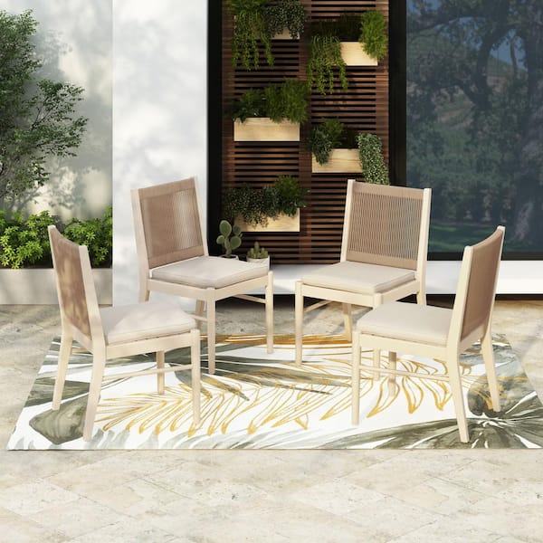 CHRISTOPHER KNIGHT HOME Outdoor Patio Bleach Acacia Wood Dining Chairs Set of 4 Beige Cushion Plus Yellow Rope 110959