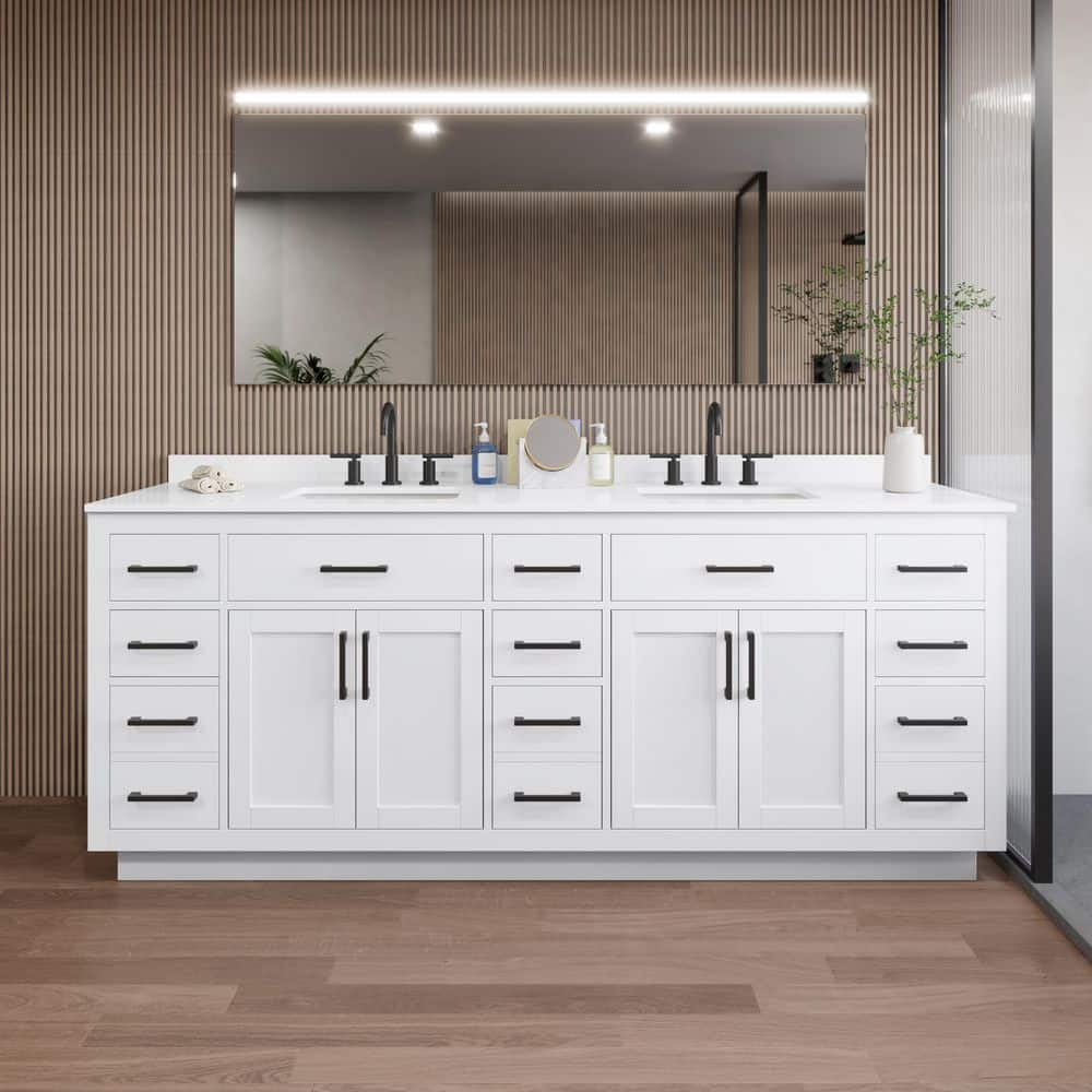 Beckett TK 84 in. W x 22 in. D x 35 in. H Double Sink Bath Vanity in White with Matte Black Trim White Quartz Top price history on PriceWatchPro
