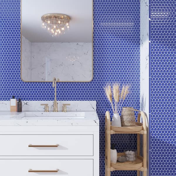 Cobalt Blue 12 in. x 12 in. Penny Round Polished Glass Mosaic Tile (5-Pack) (5 sq. ft./Case)