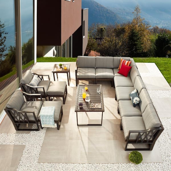 Patio Festival 13-Piece Wicker Patio Conversation Sectional Seating Set with Gray Cushions