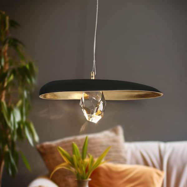 Transitional 1-Light Matte Black and Plated Brass Integrated LED Pendant Light with Crystal and Vintage Goldleaf Accent