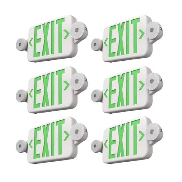 120-277V Indoor Emergency Light with Adjustable Heads LED Green Exit Sign (6-Pack)