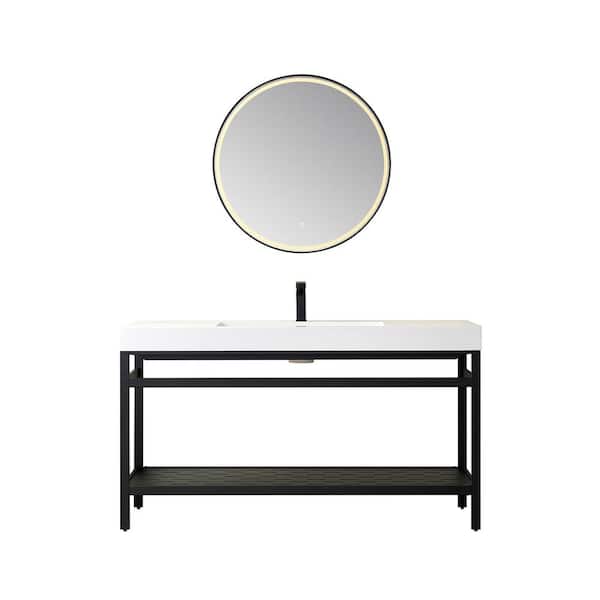 ROSWELL Ablitas 60 in. W x 20 in. D x 34 in. H Single Sink Bath Vanity in Matt Black with White Composite Stone Top and Mirror